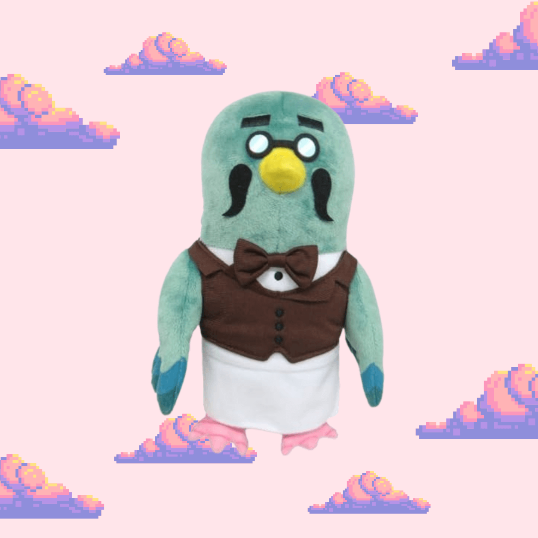 A charming Brewster plush from Animal Crossing, featuring his signature green feathers, round glasses, and barista apron, perfect for Animal Crossing fans and plush toy collectors