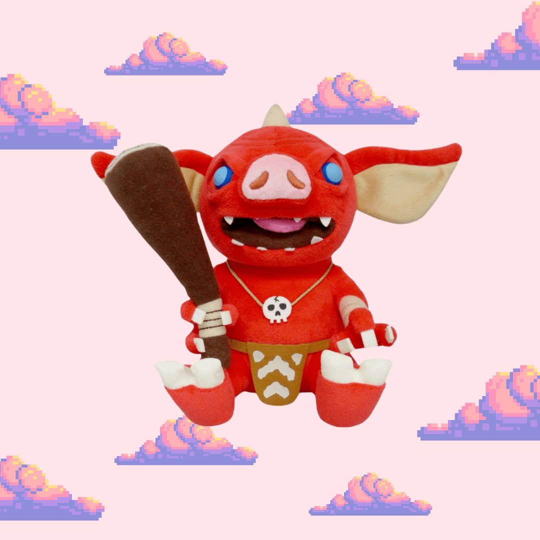 A detailed Bokoblin plush from The Legend of Zelda series, featuring its signature red skin, large ears, and mischievous expression, ideal for Zelda fans and plush toy collectors