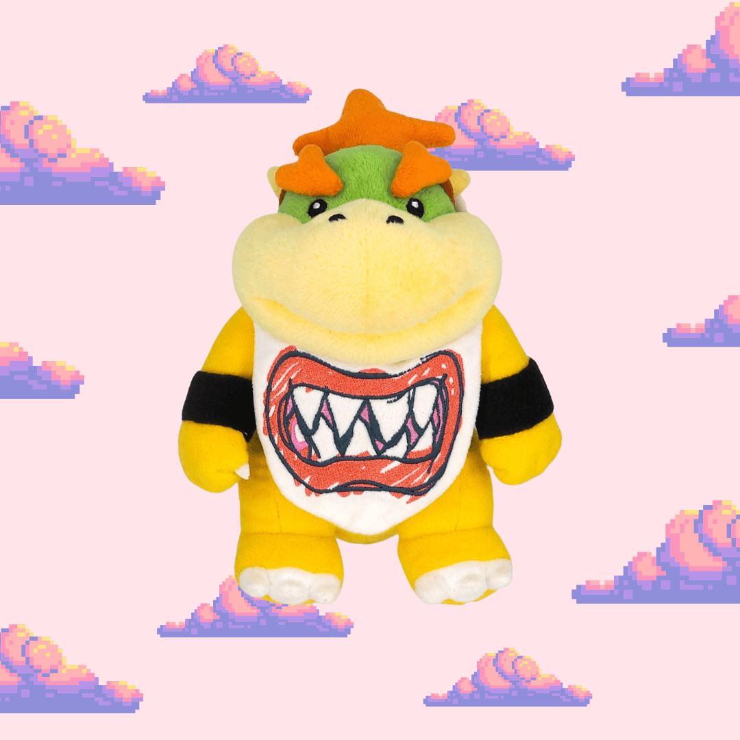 A cute Bowser Jr. plush from the Super Mario series, showcasing his signature bib with a toothy grin, spiked shell, and yellow skin, ideal for Super Mario fans and plush toy collectors