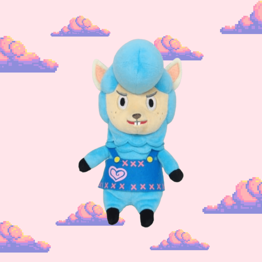 A detailed Cyrus plush from Animal Crossing, featuring his blue alpaca fur, signature apron, and tufted hair, perfect for Animal Crossing fans and plush toy collectors.