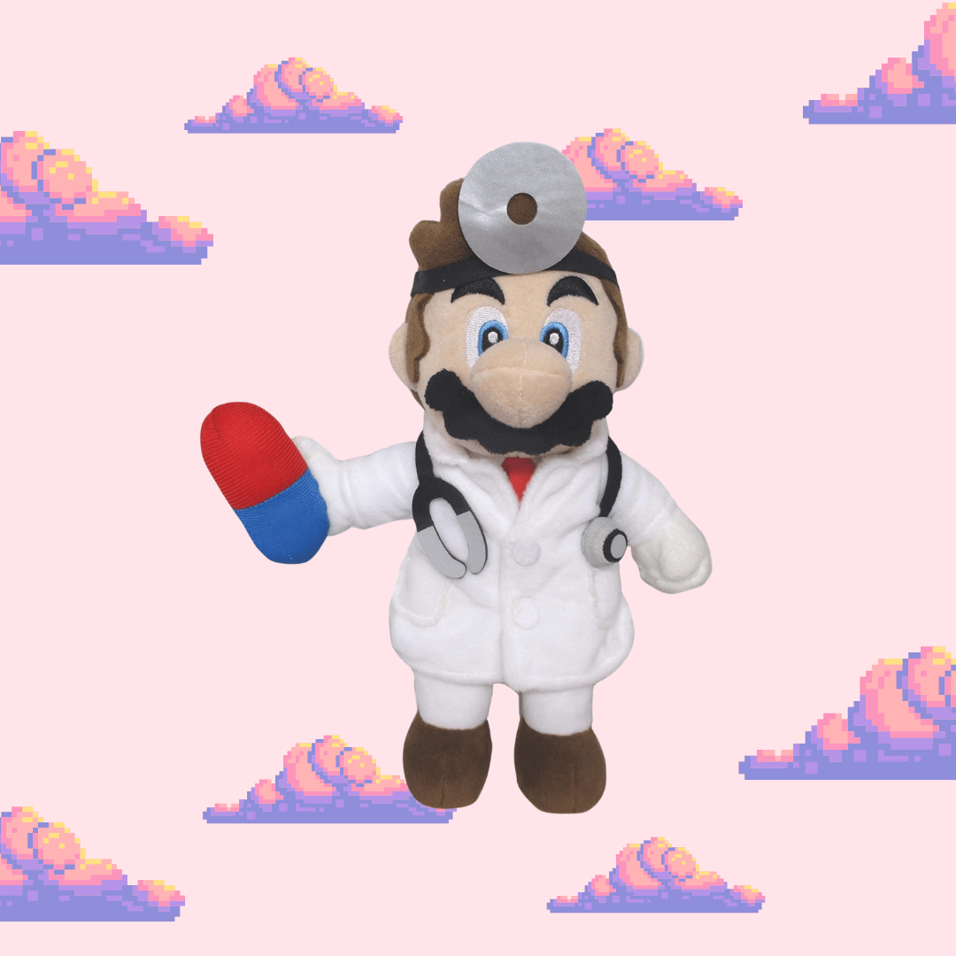 A collectible Dr. Mario plush from the Super Mario series, featuring his white lab coat, head mirror, and iconic red and blue pills, perfect for Super Mario fans and plush toy collectors.