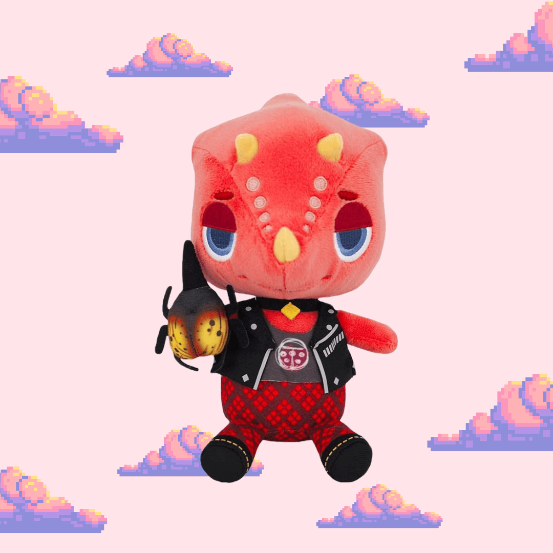 A vibrant Flick plush from Animal Crossing, featuring his red chameleon design, spiky mohawk, and punk-style vest, ideal for Animal Crossing fans and plush toy collectors.