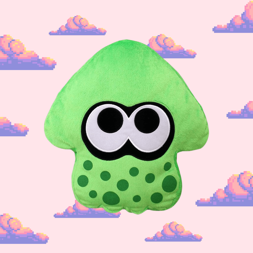 A vibrant green squid cushion from Splatoon, featuring the iconic squid design with big eyes and a playful expression, perfect for Splatoon fans and stylish home décor.