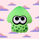 A vibrant green squid cushion from Splatoon, featuring the iconic squid design with big eyes and a playful expression, perfect for Splatoon fans and stylish home décor.