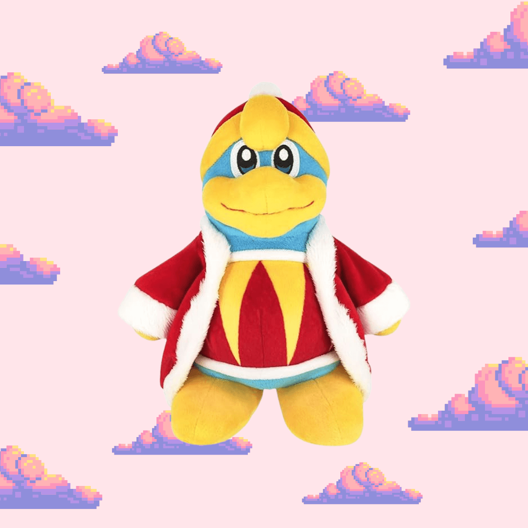 A detailed King Dedede plush from the Kirby series, showcasing his iconic blue and yellow colours, large crown, and fluffy robe, perfect for Kirby fans and plush toy collectors.