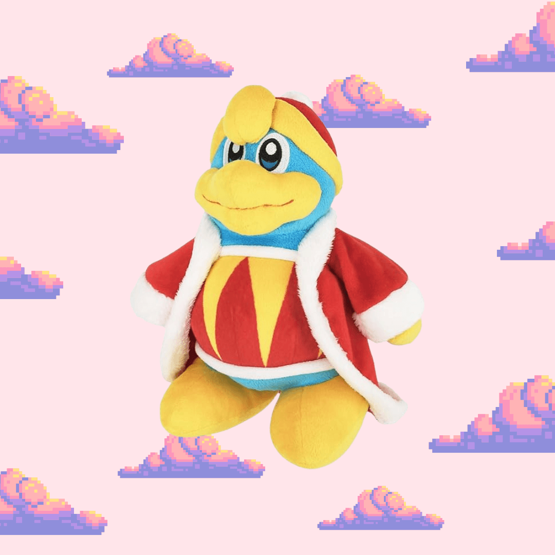 A detailed King Dedede plush from the Kirby series, showcasing his iconic blue and yellow colours, large crown, and fluffy robe, perfect for Kirby fans and plush toy collectors.