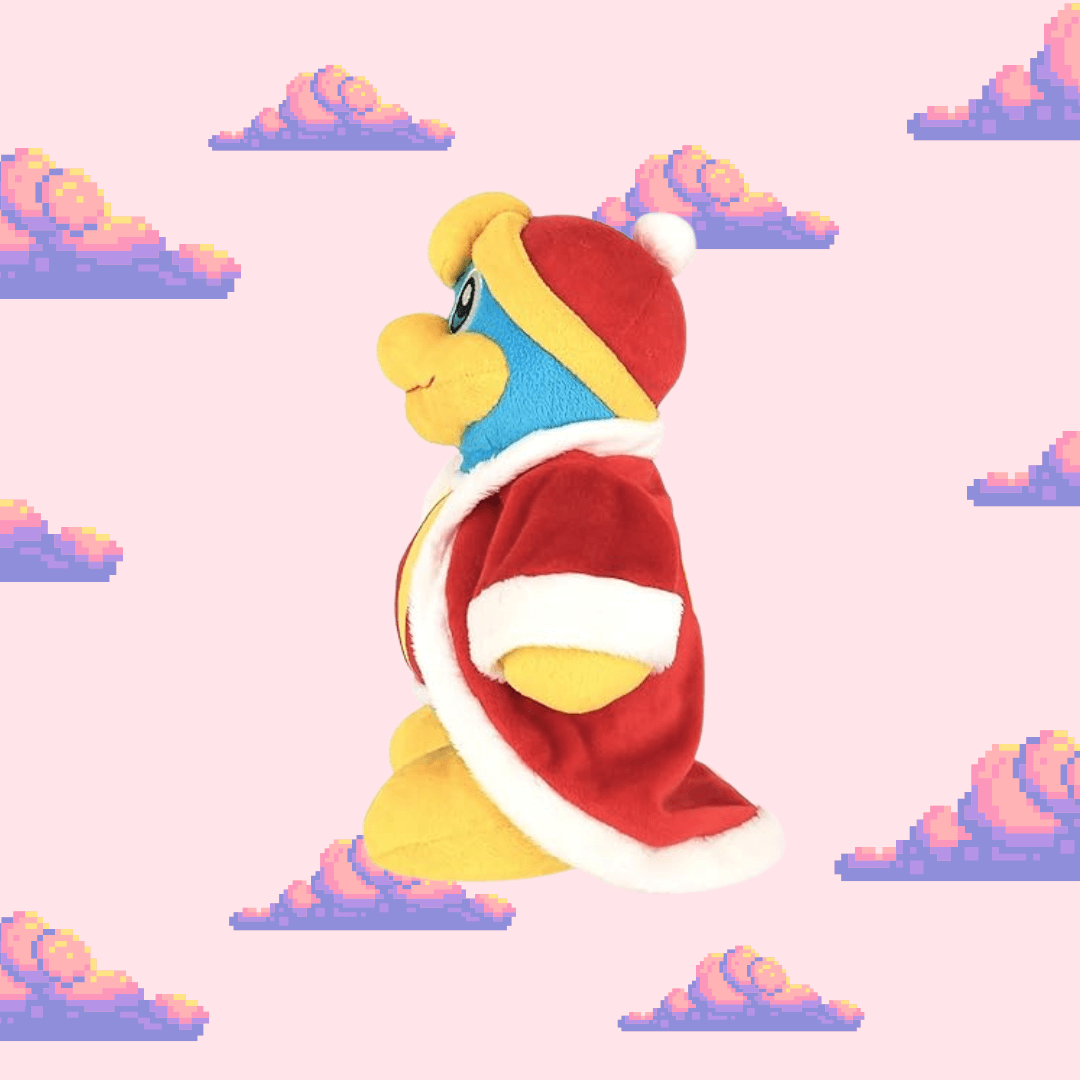 A detailed King Dedede plush from the Kirby series, showcasing his iconic blue and yellow colours, large crown, and fluffy robe, perfect for Kirby fans and plush toy collectors.