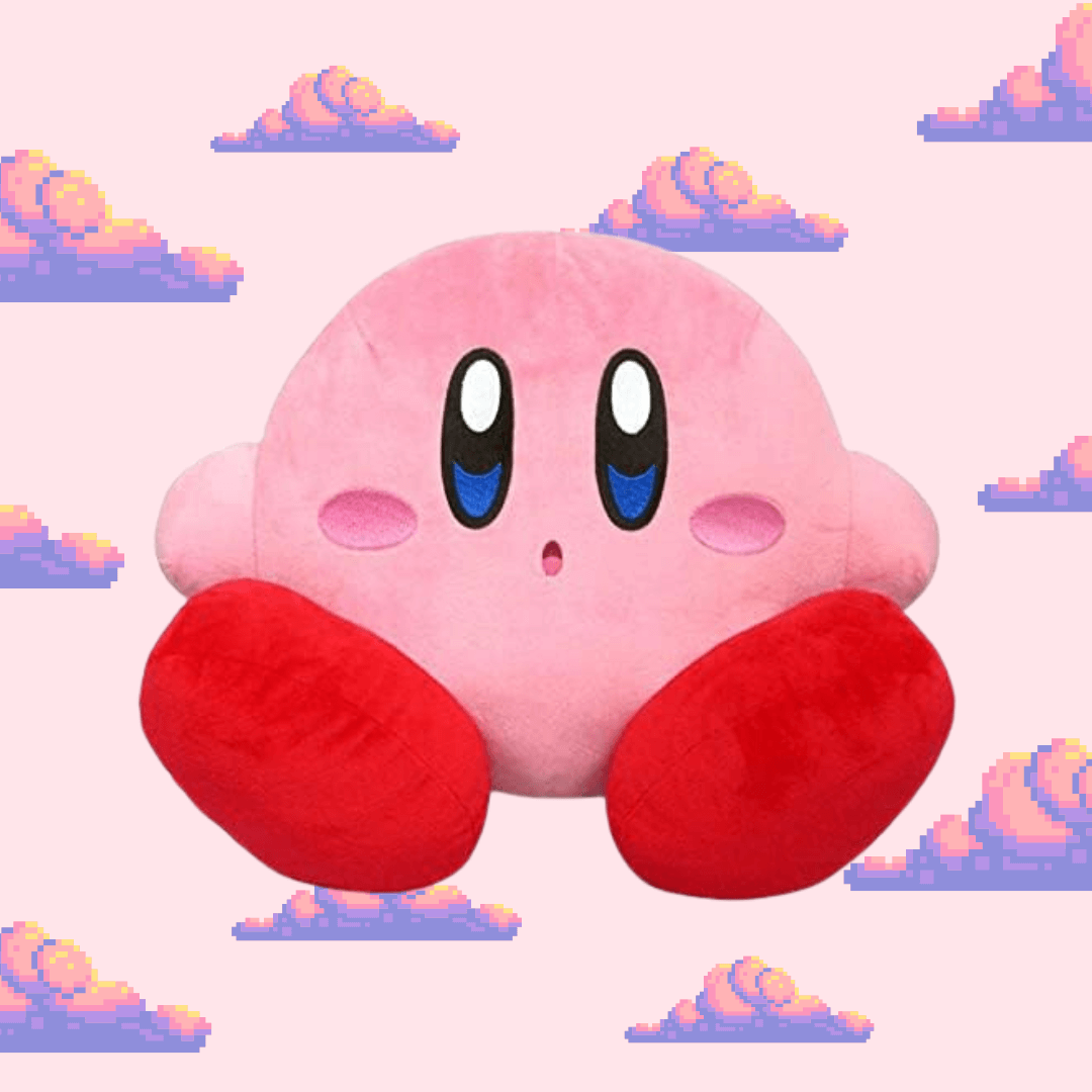 A cosy Kirby cushion featuring Kirby's cheerful face and bright pink colour, ideal for fans of the Kirby series and perfect for home décor or gaming spaces.