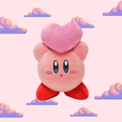 A delightful Kirby plush holding a pink heart, featuring his iconic pink colour and joyful expression, perfect for Kirby fans and plush toy collectors.