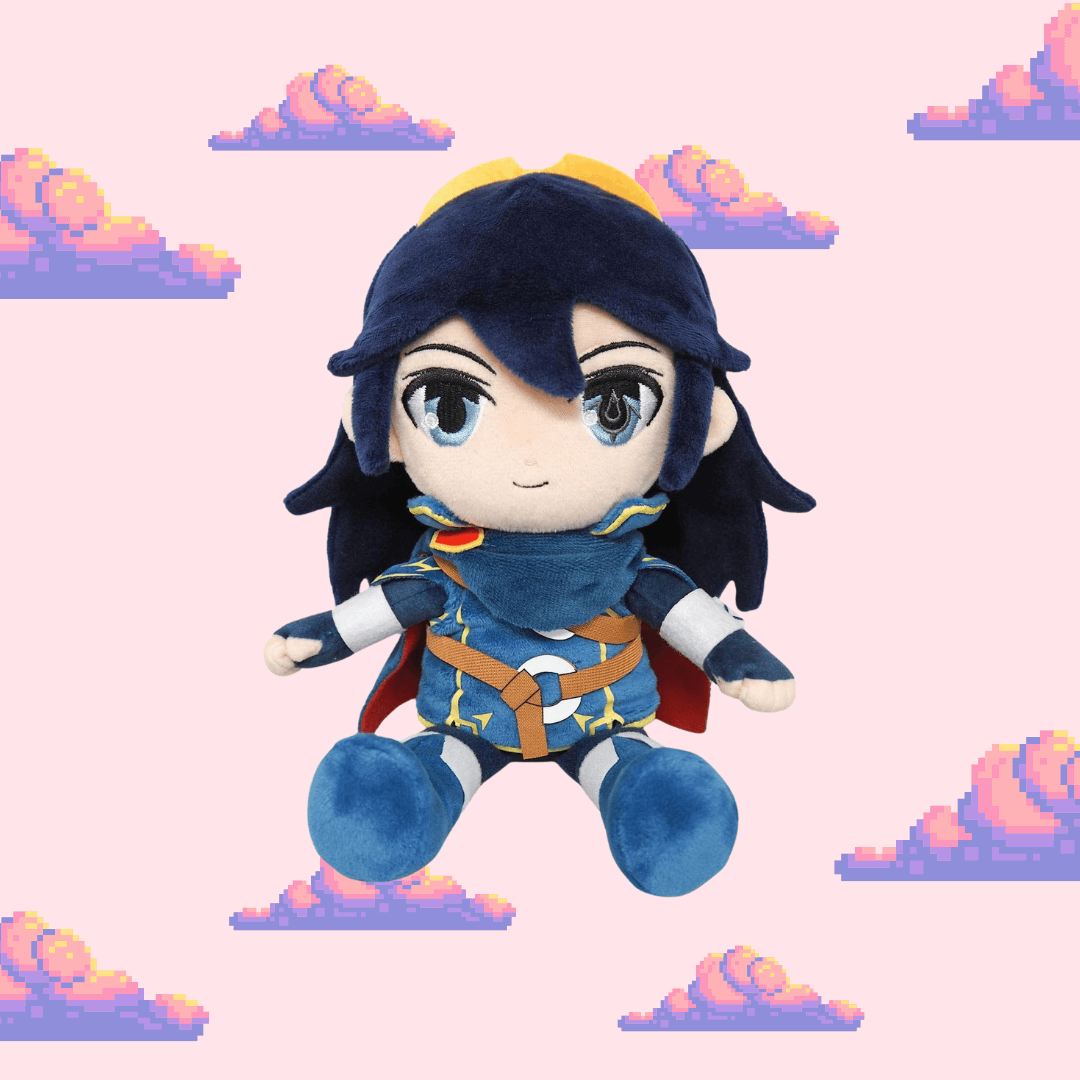 A collectible Lucina plush from Fire Emblem, featuring her signature blue outfit and red cape, perfect for Nintendo fans and plush toy collectors