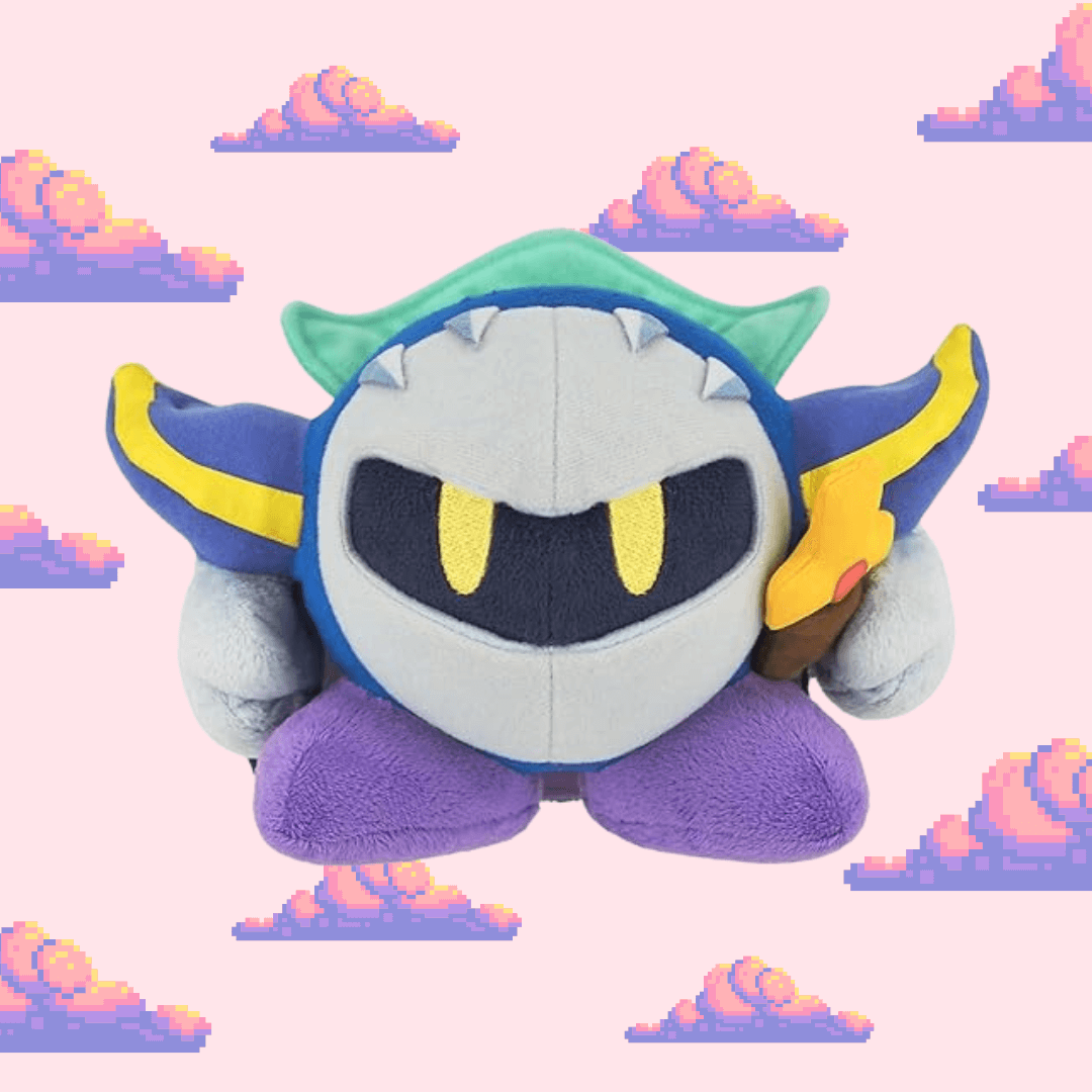 A striking Meta Knight plush from the Kirby series, featuring his blue cape, and mask, perfect for fans of Kirby and plush toy collectors.