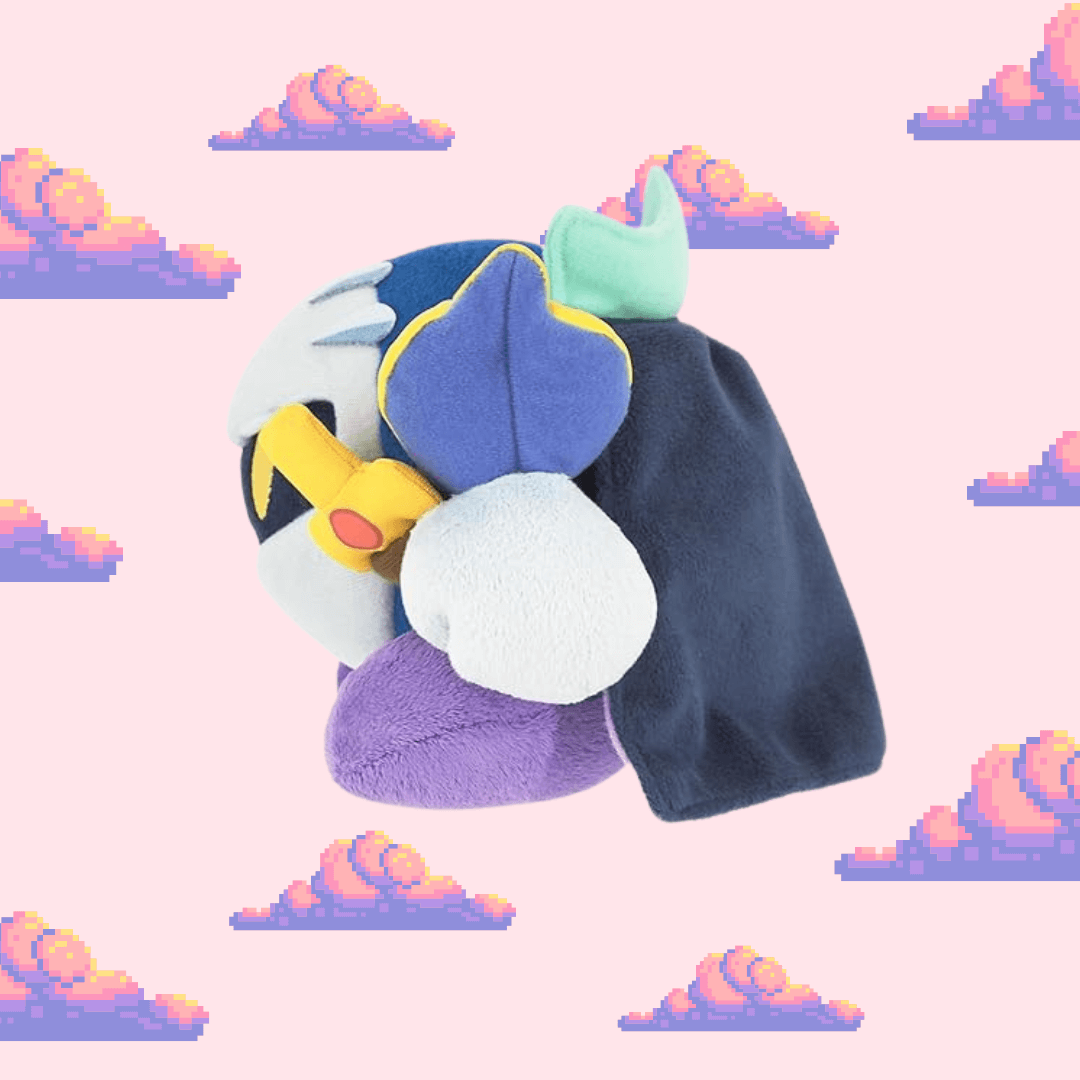 A striking Meta Knight plush from the Kirby series, featuring his blue cape, and mask, perfect for fans of Kirby and plush toy collectors.