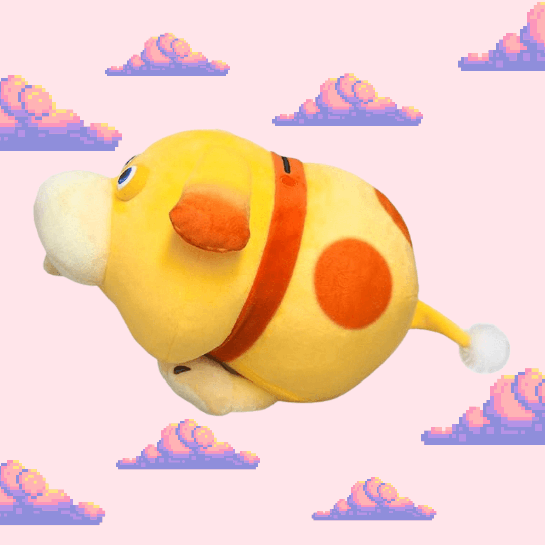 A delightful Oatchi plush from the Pikmin series, featuring his cute design with large eyes, floppy ears, and a vibrant colour palette, perfect for Pikmin fans and plush toy collectors.