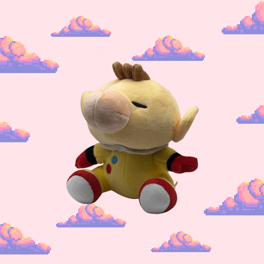 A charming Olimar plush from the Pikmin series, featuring his distinctive yellow spacesuit and cheerful expression, perfect for Pikmin fans and plush toy collectors.