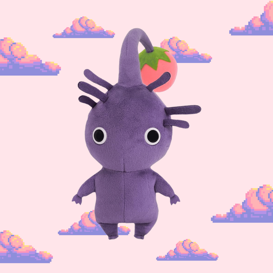 A charming Purple Pikmin plush from the Pikmin series, featuring its rich purple colour, large eyes, and leafy sprout, perfect for Pikmin fans and plush toy collectors.