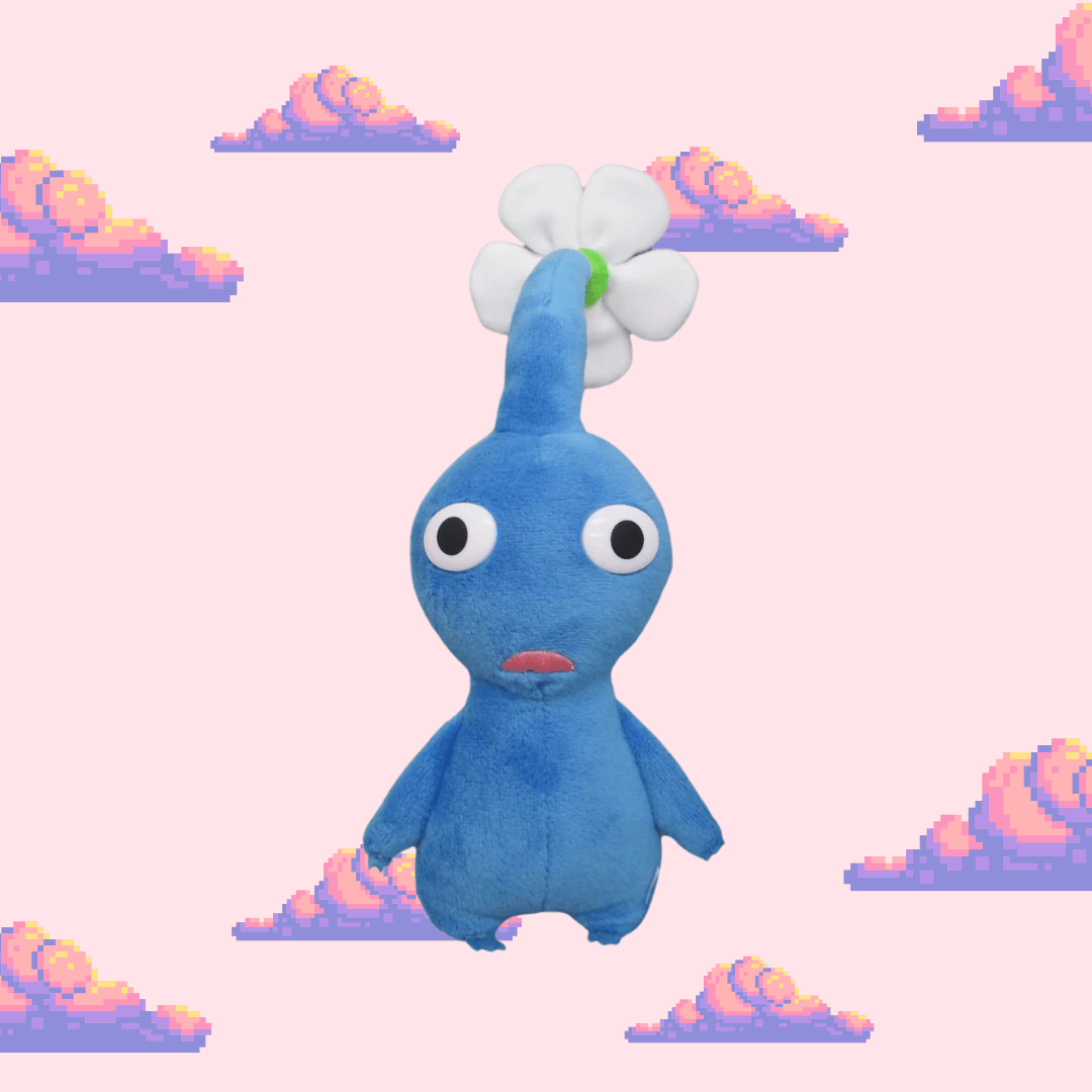 A delightful Blue Pikmin plush from the Pikmin series, showcasing its vibrant blue colour, big eyes, and leafy sprout, perfect for Pikmin fans and plush toy collectors.