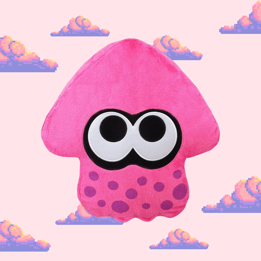 A playful pink squid cushion from Splatoon, featuring the iconic squid design with big eyes and a fun expression, perfect for Splatoon fans and stylish home décor.