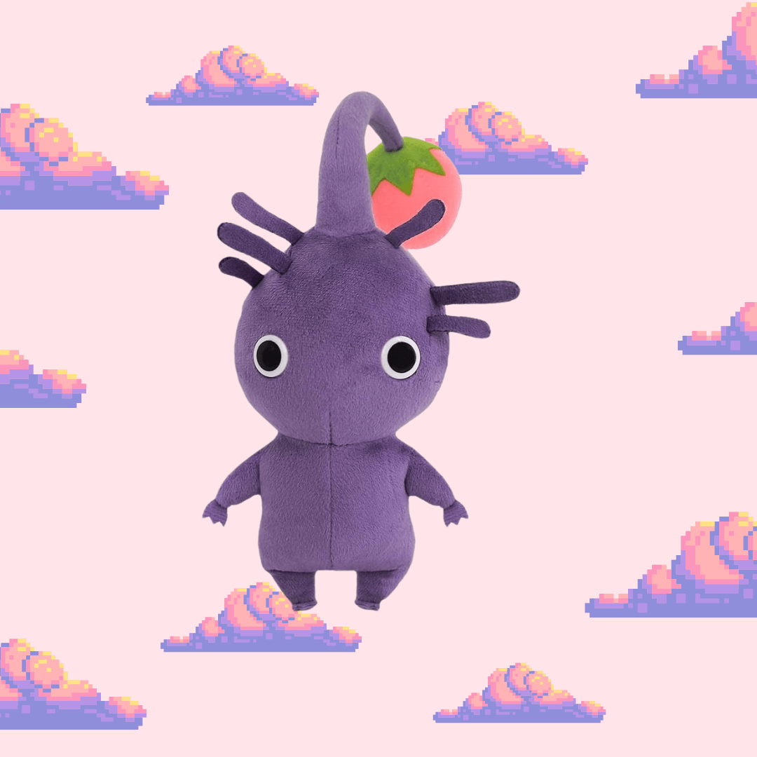 A charming Purple Pikmin plush from the Pikmin series, featuring its rich purple colour, large eyes, and leafy sprout, perfect for Pikmin fans and plush toy collectors.