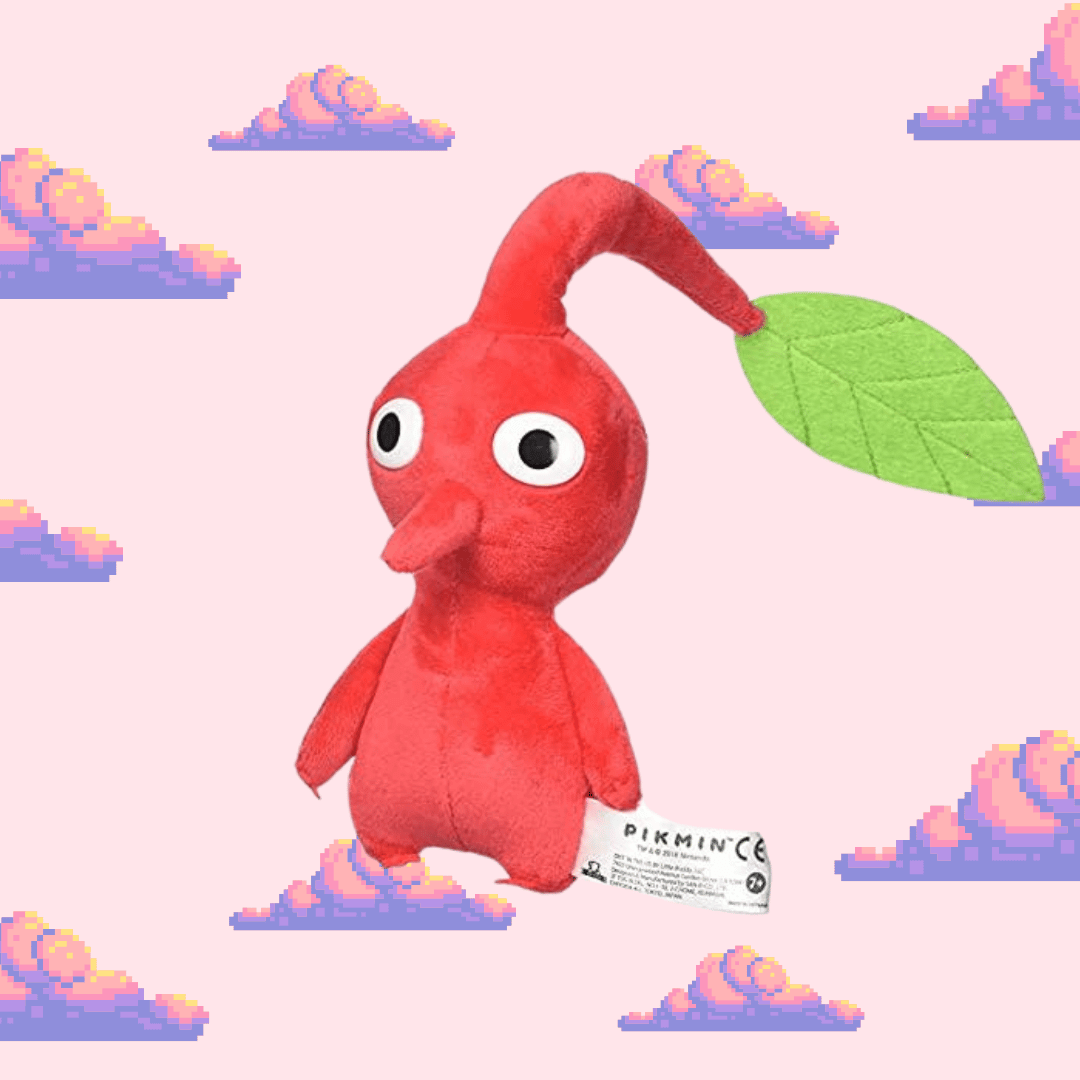 A cute Red Pikmin plush from the Pikmin series, featuring its bright red colour, large eyes, and leafy sprout, perfect for Pikmin fans and plush toy collectors.