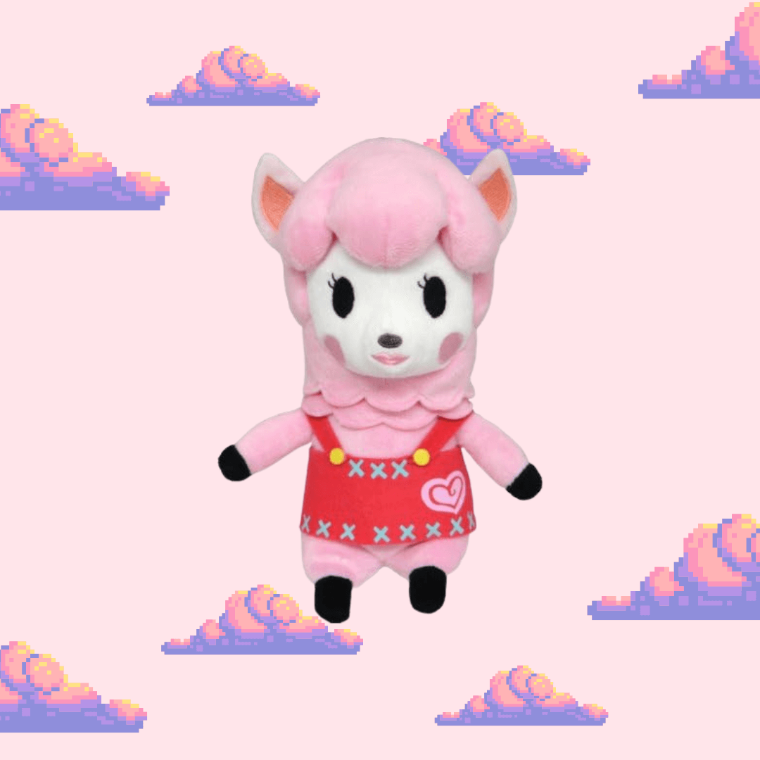 A cute Reese plush from Animal Crossing, showcasing her signature pink fur, friendly smile, and heart-patterned apron, perfect for Animal Crossing fans and plush toy collectors.