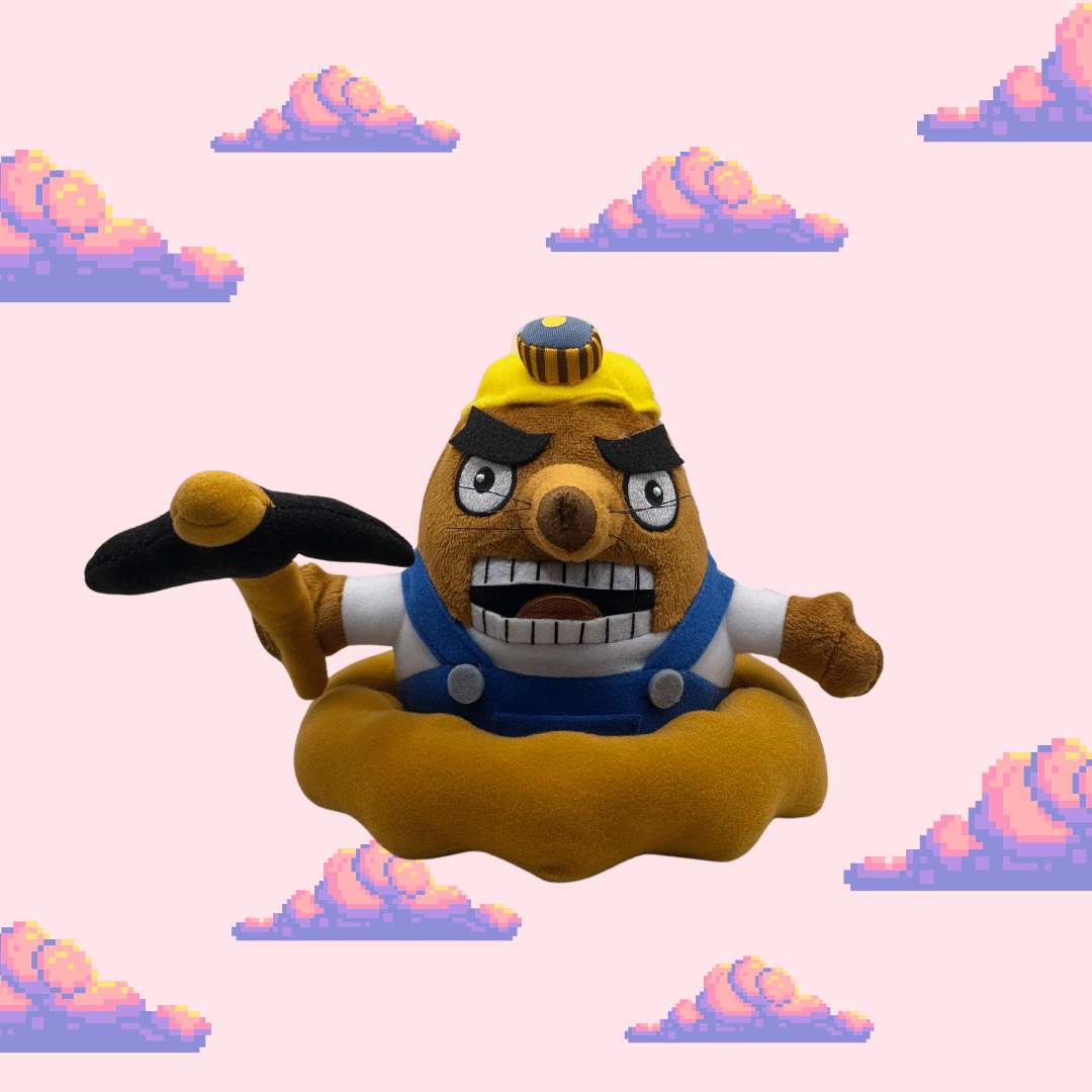 A charming Resetti plush from Animal Crossing, featuring his yellow and brown colours, large expressive eyes, and a pickaxe in hand, perfect for Animal Crossing fans and plush toy collectors.