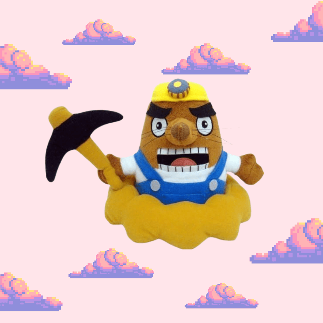 A charming Resetti plush from Animal Crossing, featuring his yellow and brown colours, large expressive eyes, and a pickaxe in hand, perfect for Animal Crossing fans and plush toy collectors.