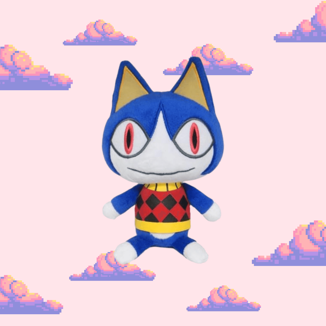 A cute Rover plush from Animal Crossing, featuring his signature blue and white colours, big eyes, and friendly smile, perfect for Animal Crossing fans and plush toy collectors.