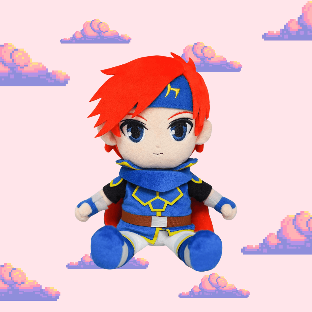 A detailed Roy plush from the Fire Emblem series, featuring his vibrant red hair, blue armour, and signature cape, perfect for Fire Emblem fans and plush toy collectors.