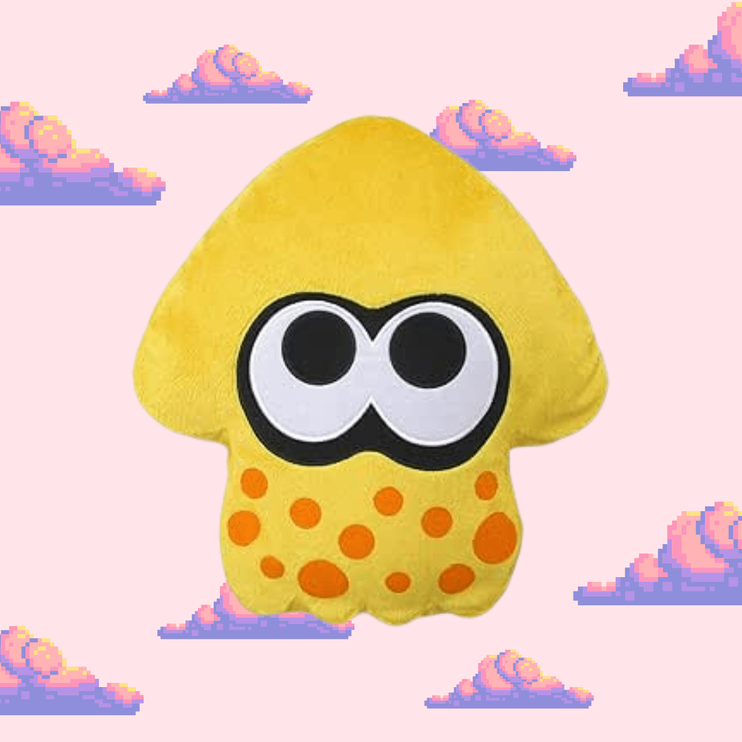 A bright yellow squid cushion from Splatoon, showcasing the iconic squid design with large eyes and a cheerful expression, perfect for Splatoon fans and trendy home décor.