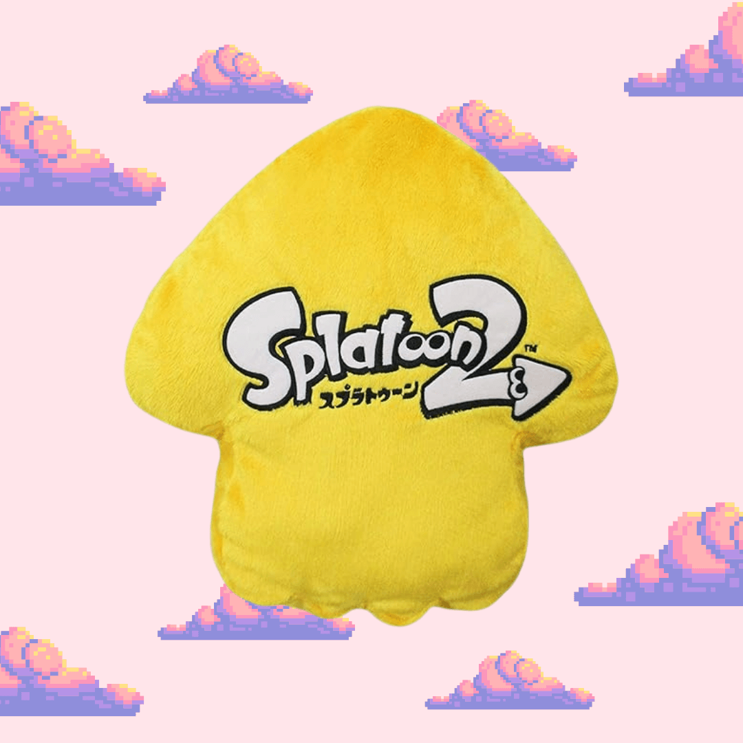 A bright yellow squid cushion from Splatoon, showcasing the iconic squid design with large eyes and a cheerful expression, perfect for Splatoon fans and trendy home decor.